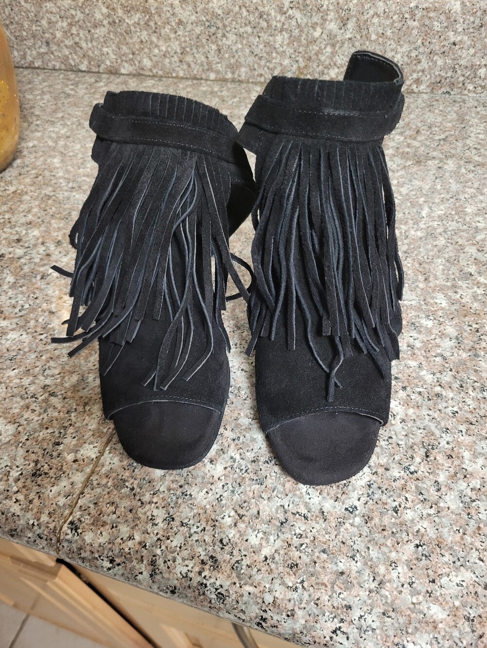 Jessica Simpson Black Suede Fringe Ankle-Strap Heels